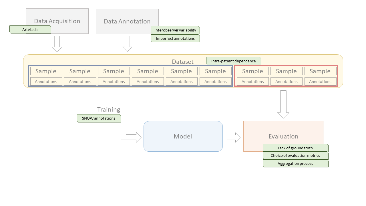 Figure 3.8. The deep learning pipeline, with the specific characteristics of digital pathology datasets that will be further explored in the rest of the thesis.