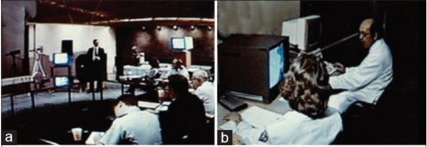 Figure 2.2. Demonstration of “satellite-enabled robotic-dynamic tele-pathology” in 1986. (a) Press briefing by Dr Weinstein in Texas. (b) Pathologist operating the light microscope from Washington, DC. [49]