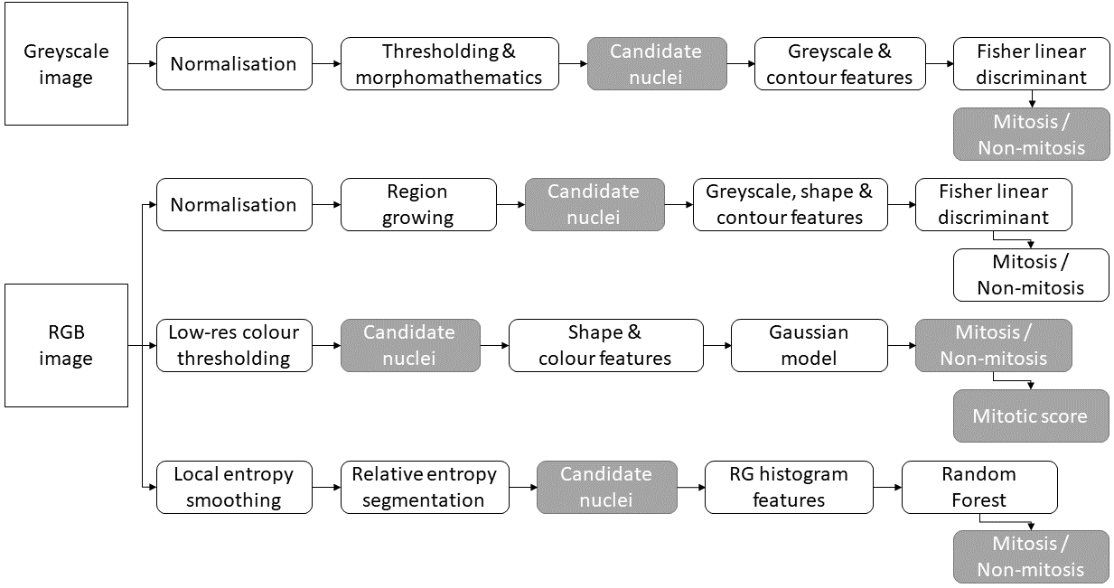 Figure 2.9. Evolution of the “classic” image analysis pipeline for mitosis detection, showing from top to bottom the methods of Kaman et al. [21], Beliën et al. [1], Dalle et al. [4] and Paul et al. [35].