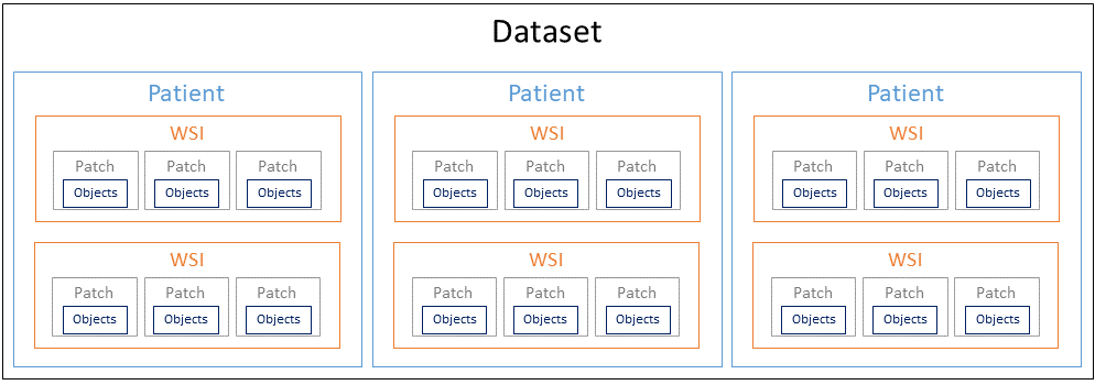 Figure 4.1. Hierarchical representation of a typical digital pathology dataset. Evaluation metrics can be computed and/or aggregated at these different levels.